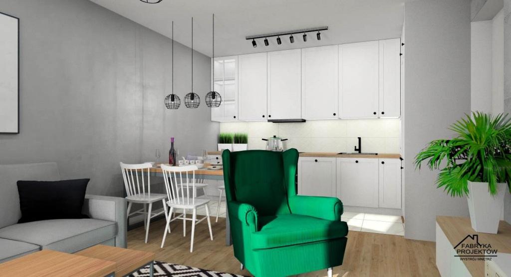Aranżacja wnętrza: Salon z aneksem kuchennym- szary, biały, drewno, czerń i zieleń